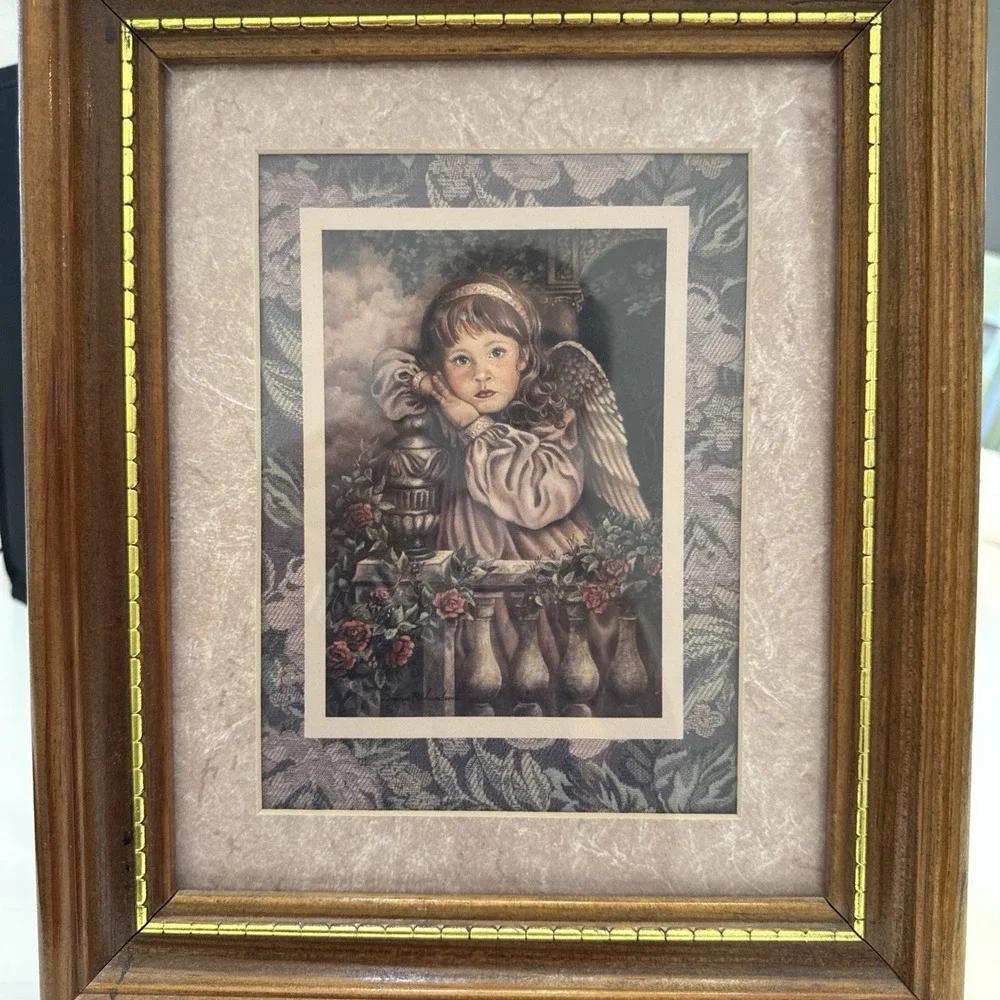 Vtg Home Interiors Angel Unaware Framed Print Donna Richardson Floral Matting